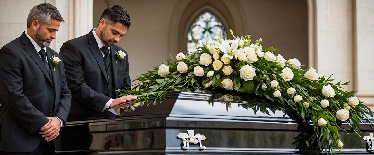 ai generated, funeral, coffin, men, sad, casket, flowers, nature, grief