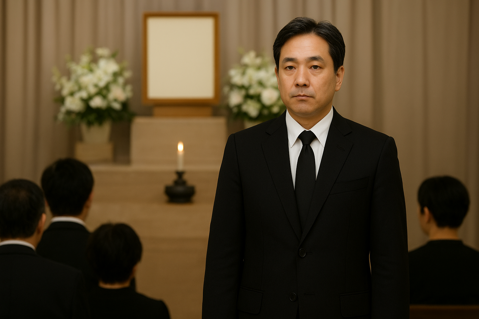 葬儀場で参列者たちの前に立つ喪主