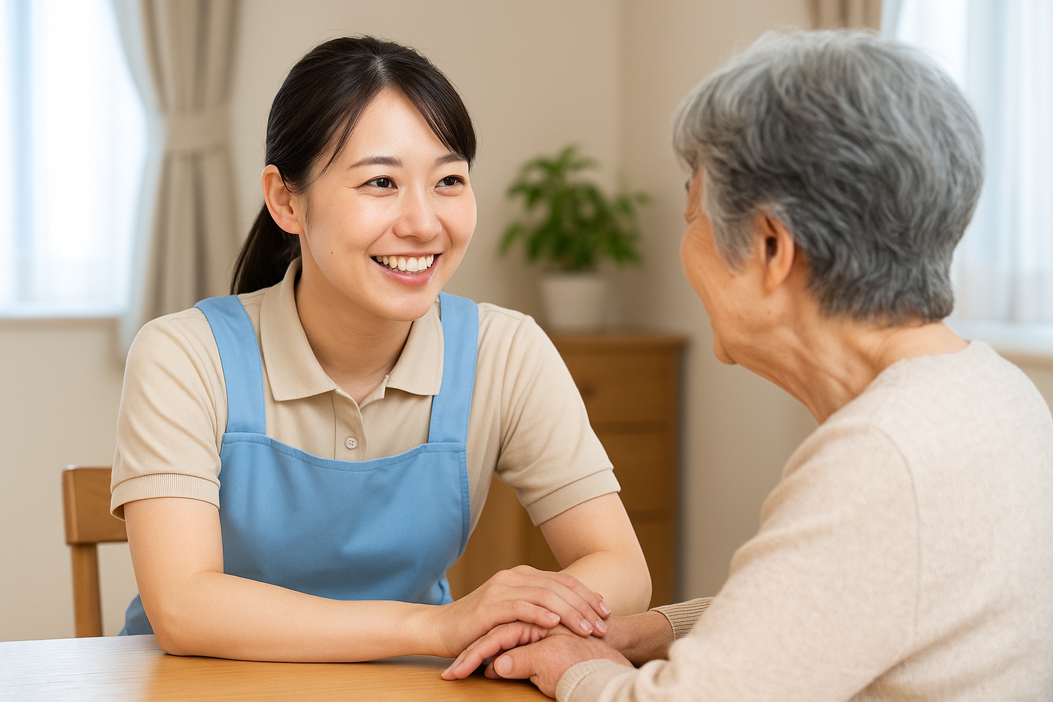 利用者と笑顔で会話する介護職