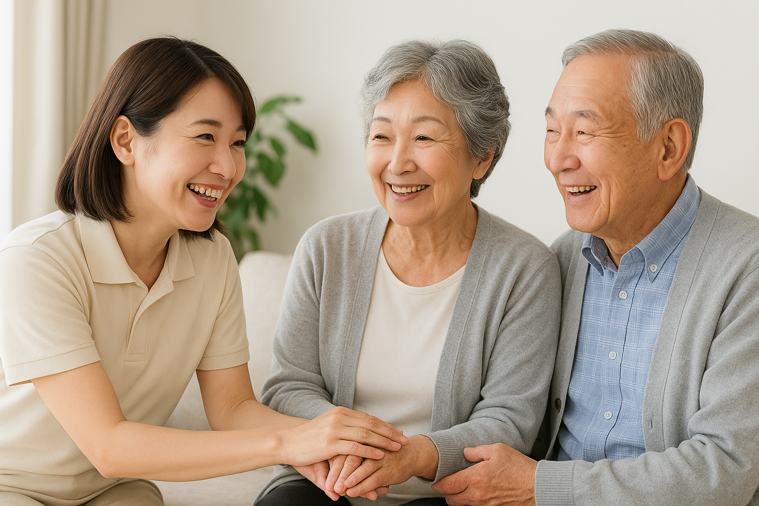 訪問介護サービスでにこやかなスタッフに通院付き添い、自宅介護、夜間の見守りなどをしてもらい、安心する利用者