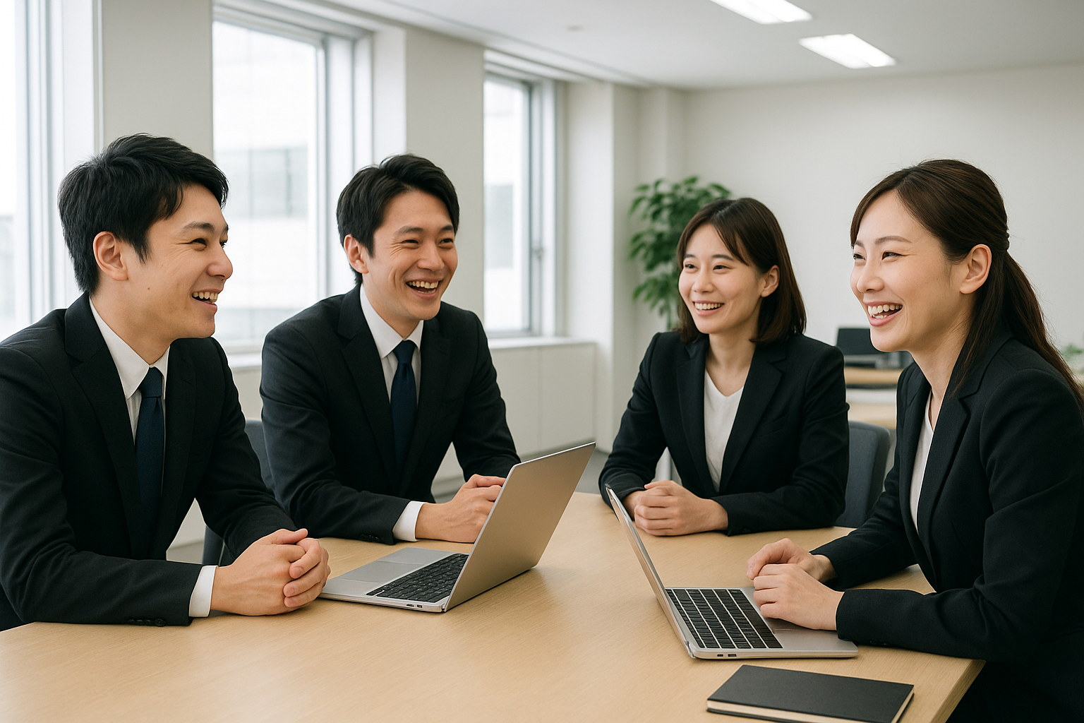事務所で談笑するスタッフたち